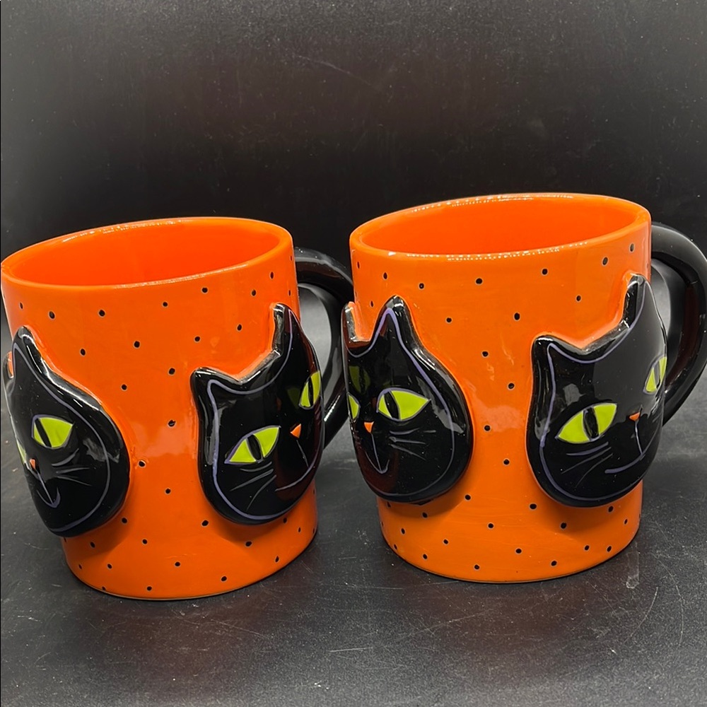 Halloween Black Cat Orange Ceramic Mugs - Set of 2 Decorative Cracker Barrel
